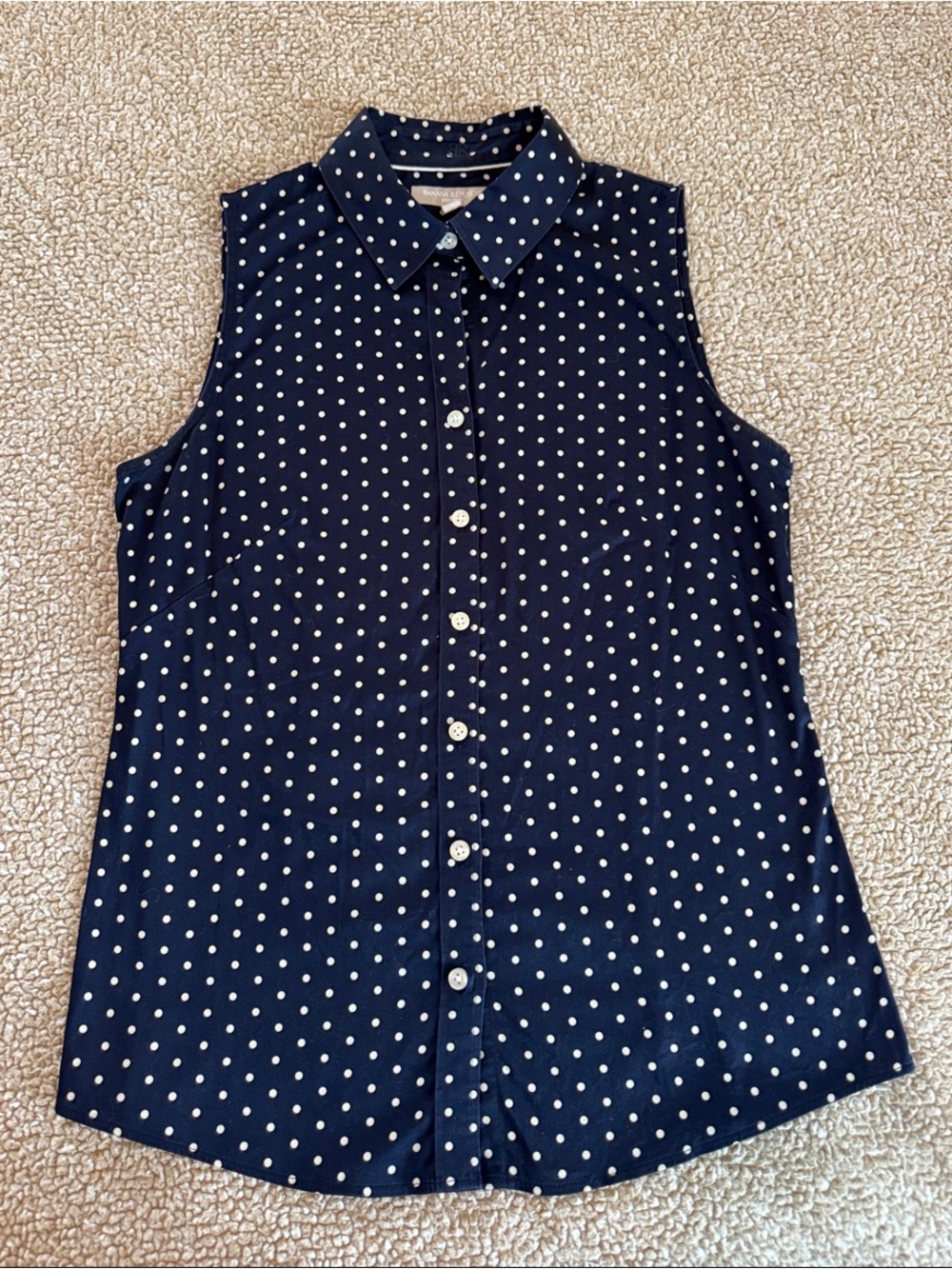 Banana Republic Navy and White Polka Dot Sleeveless Button-Down